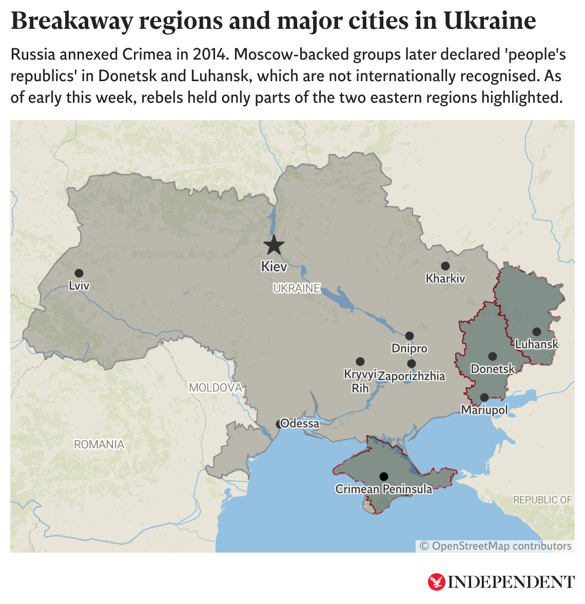 Map showing major cities in Ukraine as well as Moscow-backed separatist regions which were illegally annexed in September 2022